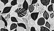 Abstract organic shape art seamless pattern with freehand doodles. Contemporary flat cartoon background, simple nature shapes in black and white. 