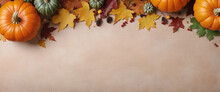 Pumpkins With Copyspace, Thanksgiving And Fall Background Concept, Autumn Pastel Colors, Leaves Falling, Harvest