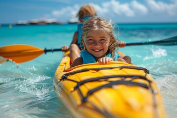 A young child with a big smile is seen on a kayak, paddling with an adult in clear turquoise waters