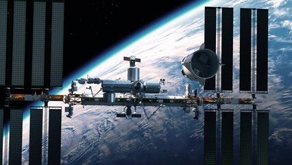 Wall Mural - commercial spacecraft is about to dock with the international space station. 3d animation. 4k.