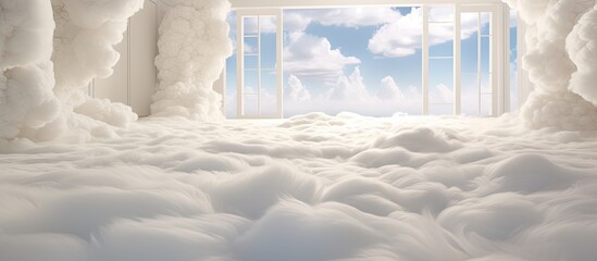 Wall Mural - a tranquil room with walls of white cumulus clouds, a window revealing a vast sky and horizon. an ar