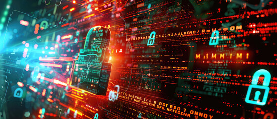 Wall Mural - digital padlock in dark cyber space, abstract data background, secure computer information. theme of