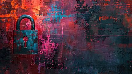 Wall Mural - Vintage padlock on abstract dark red texture background, secure computer information. Theme of lock, protection, data, privacy, paint, technology, art