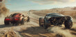 Vintage iron cars drive in desert in future, panoramic view of old vehicle race in post apocalypses. Theme of dystopia, speed, steampunk, movie, future