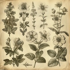  Old Engraving Illustrations Botanical Flower Engravings. Sepia-toned collection of botanical flower engravings, showcasing intricate details and textures
