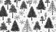 Hand drawn christmas tree seamless pattern illustration. Black and white pine drawing background for festive xmas celebration event. Holiday nature texture print, december decoration wallpaper.