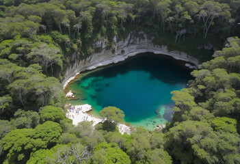 Aerial shot of Cenote Azul in the woods taken on January 15, 2018, in Yucatan, Quintana Roo, Mexico. A cenote located in the bush has pure water where people may swim. Upper View. 