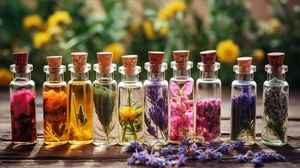 Various glass vintage bottles with tincture, leaves, essential  aroma oil with herbs. Ingredients for alternative medicine natural cosmetics. Herbal essence. Ayurveda