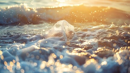 Detailed shot of morning sea waves with glistening sunlight. beach illuminated by bokeh sunset radiance ideal for wallpaper