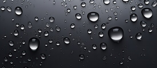 Wall Mural - A multitude of liquid droplets, also known as water drops, scattered across a black surface. The result of atmospheric precipitation like drizzle or rain