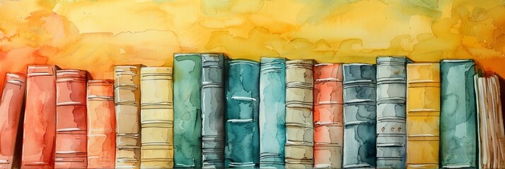 Books in a row on a yellow background. A colorful assortment of books. Concept of education, reading, knowledge, and library collection. Banner. Copy space. Bright Watercolor illustration