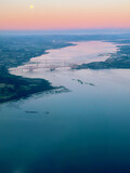 Aerial view of sunrise over the Forth Bridges