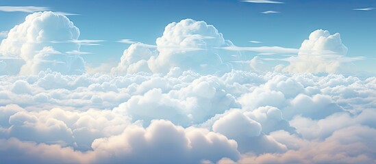 Wall Mural - viewing cumulus clouds from the airplane window, against the electric blue sky. the natural landscap