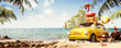 Summer travel concept. Yellow car with summer accessories on beautiful sand beach. 3D Rendering, 3D Illustration