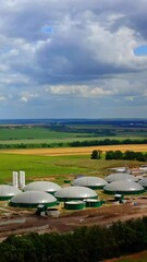 Wall Mural - Storage tanks for biogas. Modern organic farm on green field. Industrial plant for biomass production. Aerial view. Vertical video