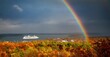 A cruise ship under a brilliant rainbow in Mt Desert Narrows off the coast of Acadia National Park, Maine.