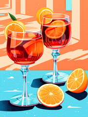 Wall Mural - Two wine glasses filled with a red drink and a slice of orange.