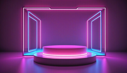 Canvas Print - 3d render, abstract neon background. Showcase scene with geometric shapes, empty podium and glowing pink blue lines. Futuristic wallpaper