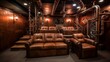 Steampunk-themed home theater with industrial accents, copper detailing, and unique seating