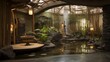 Two-story indoor bamboo garden retreat with stone lanterns, curved bridges, babbling water features and woven wood accents