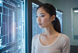Young Asian woman captivated by a futuristic holographic digital display, showcasing innovation and technology in a modern world