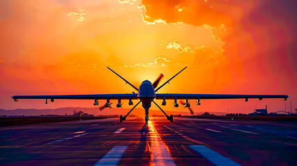 Wall Mural - Large jetliner sitting on top of airport tarmac at sunset.