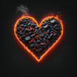 Hot heart symbol made of red-hot coal with flamed fire isolated on black background