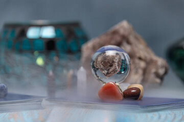 Sticker - Fortune Telling Table with a crystal ball and tarot cards.