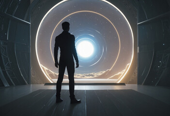 Wall Mural - Silhouette of a man standing in front of a futuristic portal