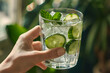 a hand holding a refreshing glass of sparkling water infused with slices of cucumber and mint, a revitalizing beverage enjoyed by city dwellers seeking respite from the summer heat