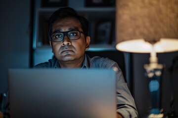 Poster - An absorbed man working intensely on a laptop in a darkened room, late at night