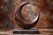 A brown chocolate sculpture of a crescent moon is displayed on a natural wood table. The artistic piece is intricately crafted and adds a touch of elegance to the still life photography exhibit