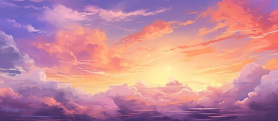 Wall Mural - a purple afterglow envelops the sky as the sun sets behind a plethora of cumulus clouds, creating a 