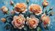 delicate peach-colored roses on a soft blue background painted with oil paints. beige roses on blue