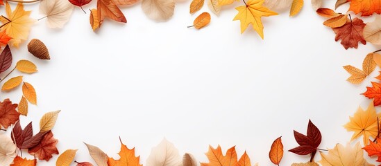 Wall Mural - A close-up view of a white background framed by a colorful border of autumn leaves, showcasing the vibrant hues of fall