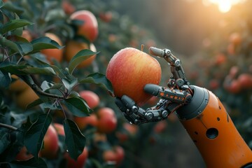 Wall Mural - A robot hand works on a modern farm. Background with selective focus and copy space