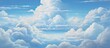 A picturesque natural landscape painting featuring fluffy cumulus clouds scattered across a vibrant blue sky with a distant horizon, capturing the beauty of a meteorological phenomenon