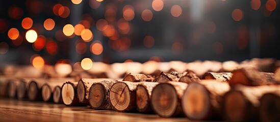 Wall Mural - A line of hardwood logs placed on a wooden table, creating a rustic and warm atmosphere. This still life photography captures the natural landscape and the temperature of the wood