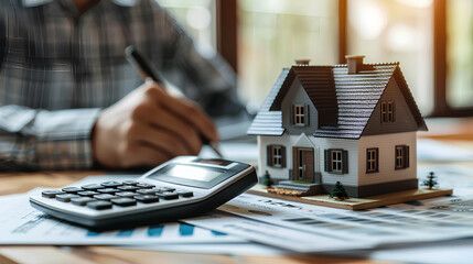 Wall Mural - individuals involved in a real estate transaction with a calculator, documents, and a small model house on the table