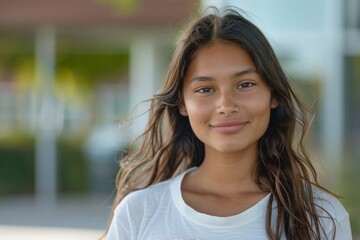 A woman with long hair is smiling at the camera