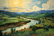 Golden Afternoon: A Serene Panorama of Lush Pastures, Rolling Hills, A Slow River and Velvet Skies
