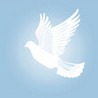 a peace dove symbol in a serene white, flying across a soft, sky-blue background, representing hope and harmony
