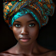 a stunning African woman in a medium close-up. Her headwrap is vibrant, and her skin glows under the camera's gaze. The photograph captures not just her physical beauty, but the strength and grace she