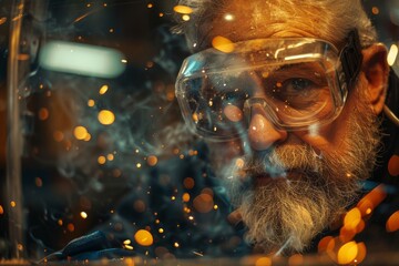 Aufkleber - An image capturing a welder at work with vibrant sparks flying around in a dimly lit workshop setting