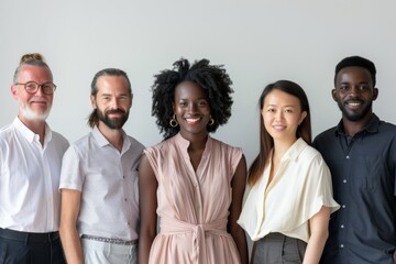 Five people of diverse ethnicities wearing business casual attire posing together, showcasing workplace diversity and teamwork