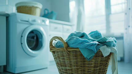 Basket with clothes in laundry room with washing machine on background.