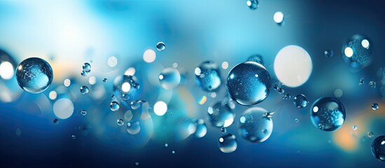 Wall Mural - Macro photography captures water drops floating in the air against an electric blue sky background, creating a mesmerizing display of liquid circles in azure hues
