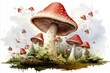 Fly agarics in a fairy forest on a white background