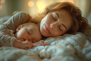 A happy woman and her cuddly toddler are peacefully sleeping on comfortable linens with soft fur bedding. Its a heartwarming bedtime gesture of love and art