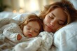 The woman and the baby are peacefully sharing the bed, finding comfort in each others presence. The toddler looks happy, enjoying the warmth of a fun and loving environment